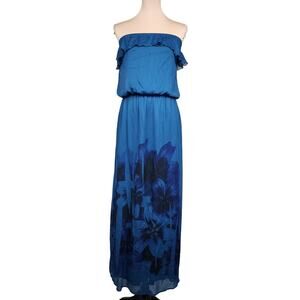 Large Blue Floral Chiffon L8ter Strapless Dress